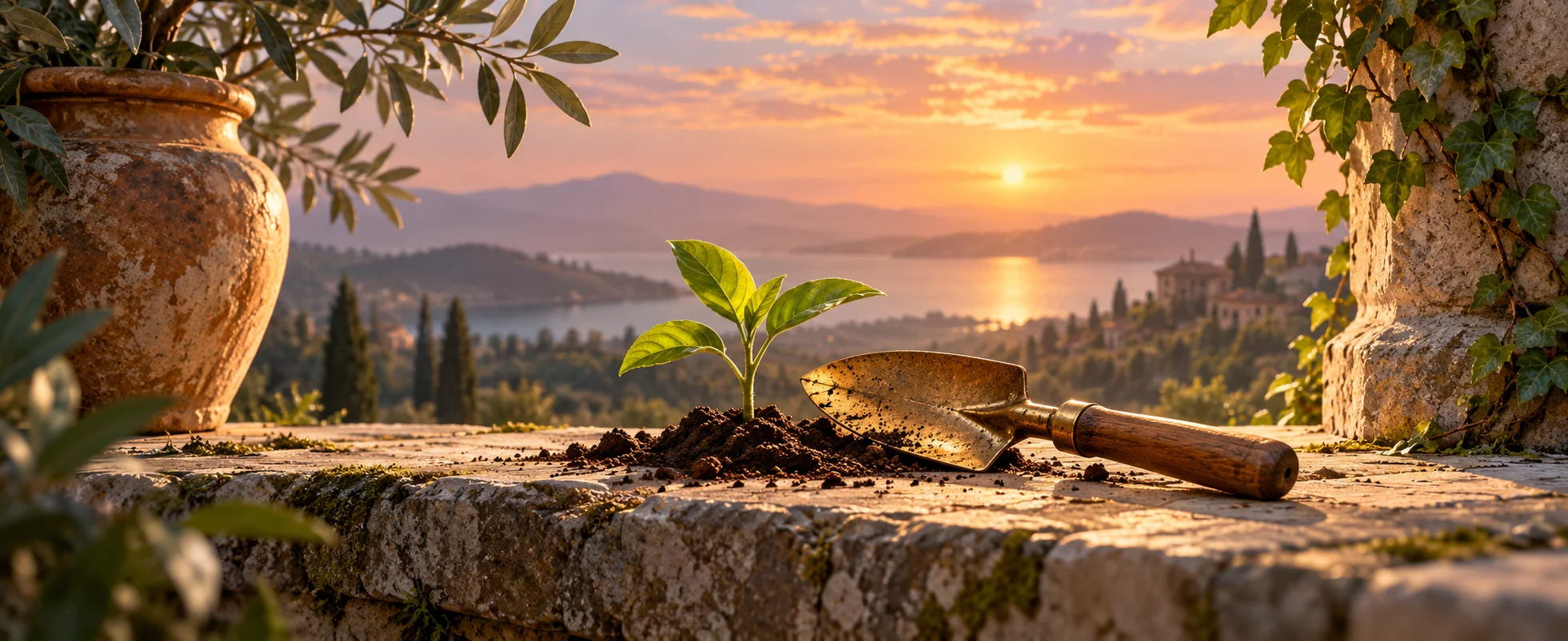 A small green seedling grows beside a worn brass spade on a sunlit stone shelf.