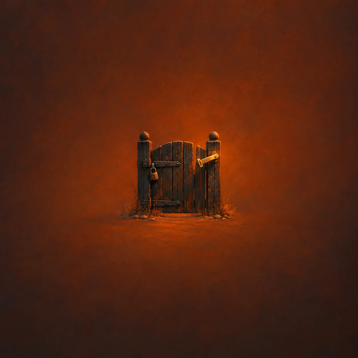 A small dark wooden gate with a padlock and brass latch against a burnt-orange background.