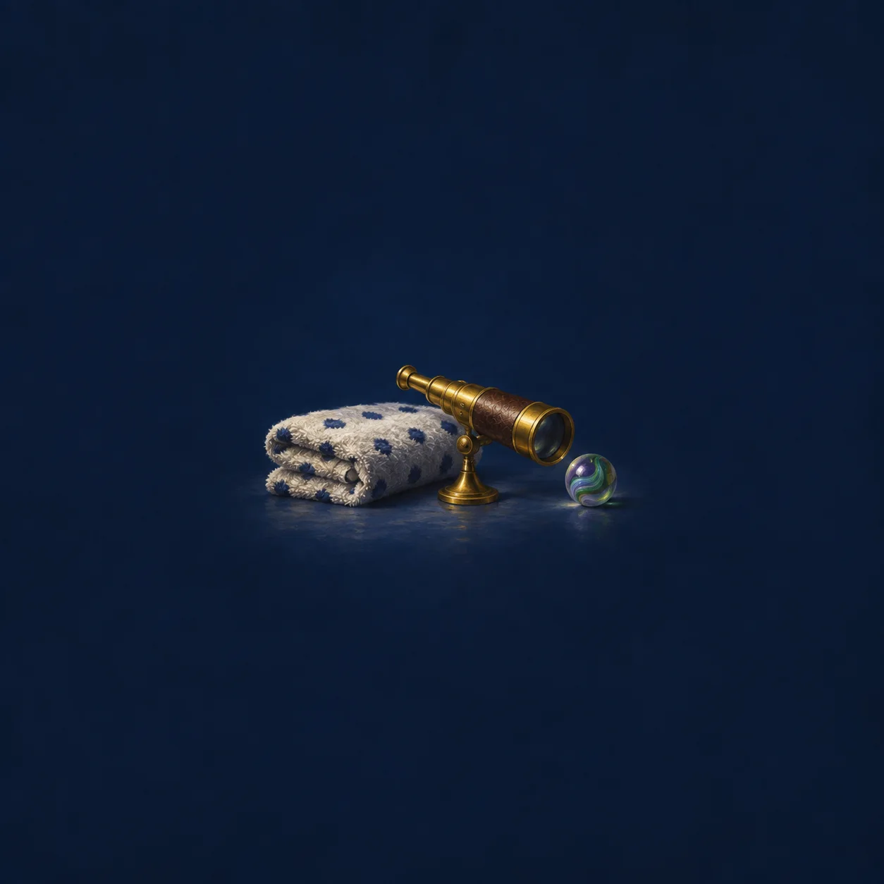 A folded spotted towel lies beside a brass telescope aimed toward a small green-and-purple marble.