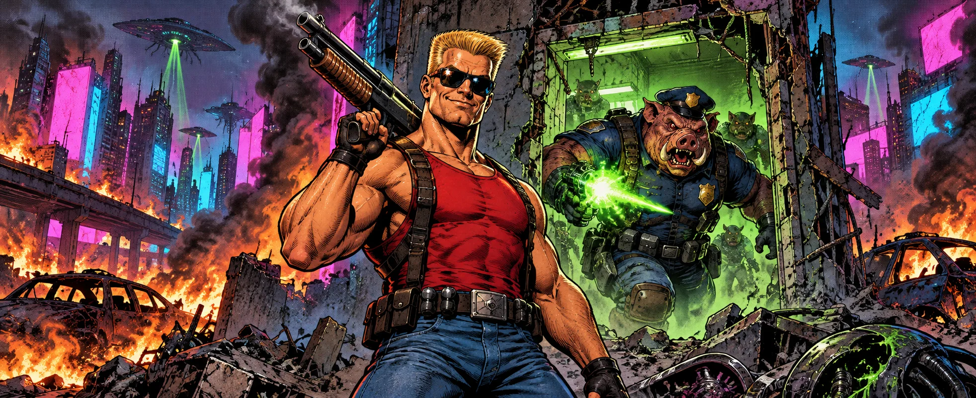 Duke Nukem, in a red tank top and sunglasses with a shotgun on his shoulder, grins out of a burning neon city as a pig-faced alien cop fires a green blast from a doorway behind him.