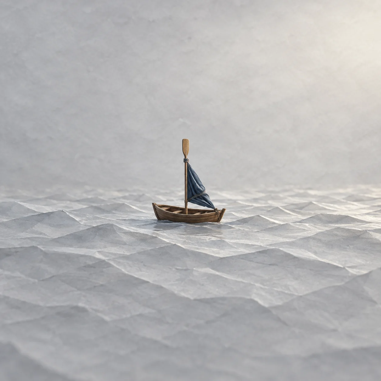 A small wooden boat with an upright oar and a blue cloth sail rests on rippled grey paper.