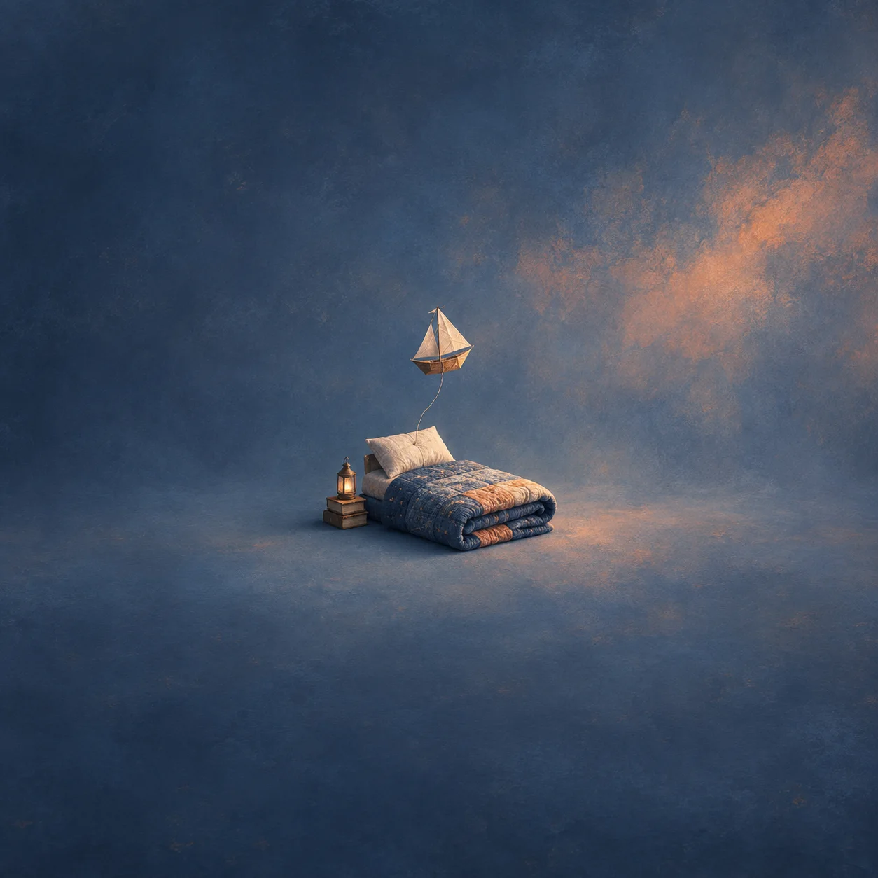 A folded quilt bed with a small paper ship floating above the pillow, in indigo and apricot colours.