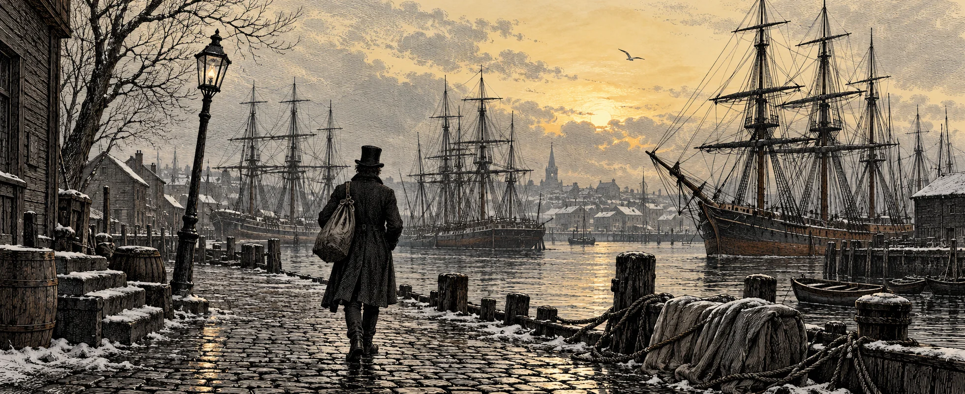 Engraving-style illustration of a lone man in a long coat and tall hat walking along a cobbled winter waterfront towards the masts of whaling ships in a grey harbour.