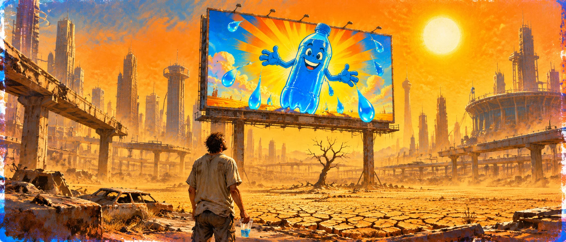 A dusty man stares up at a huge billboard of a cartoon blue drink bottle raining droplets over a parched, crumbling future city.