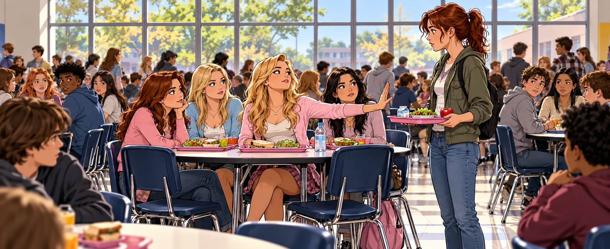 A girl at a pink-tray lunch table holds up a hand to stop a classmate with a tray in a crowded school cafeteria.