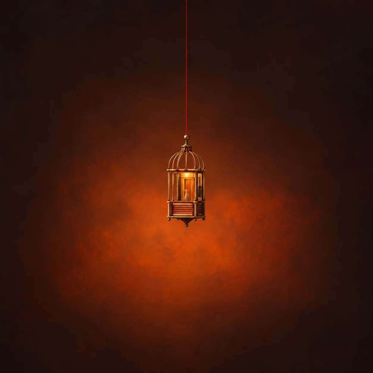 A tiny brass cage-like elevator hangs from a red thread against a glowing orange and dark-brown background.