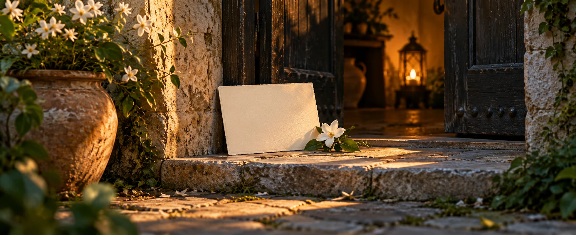 A blank cream card leans beside a small white flower in warm light at a dark doorway.