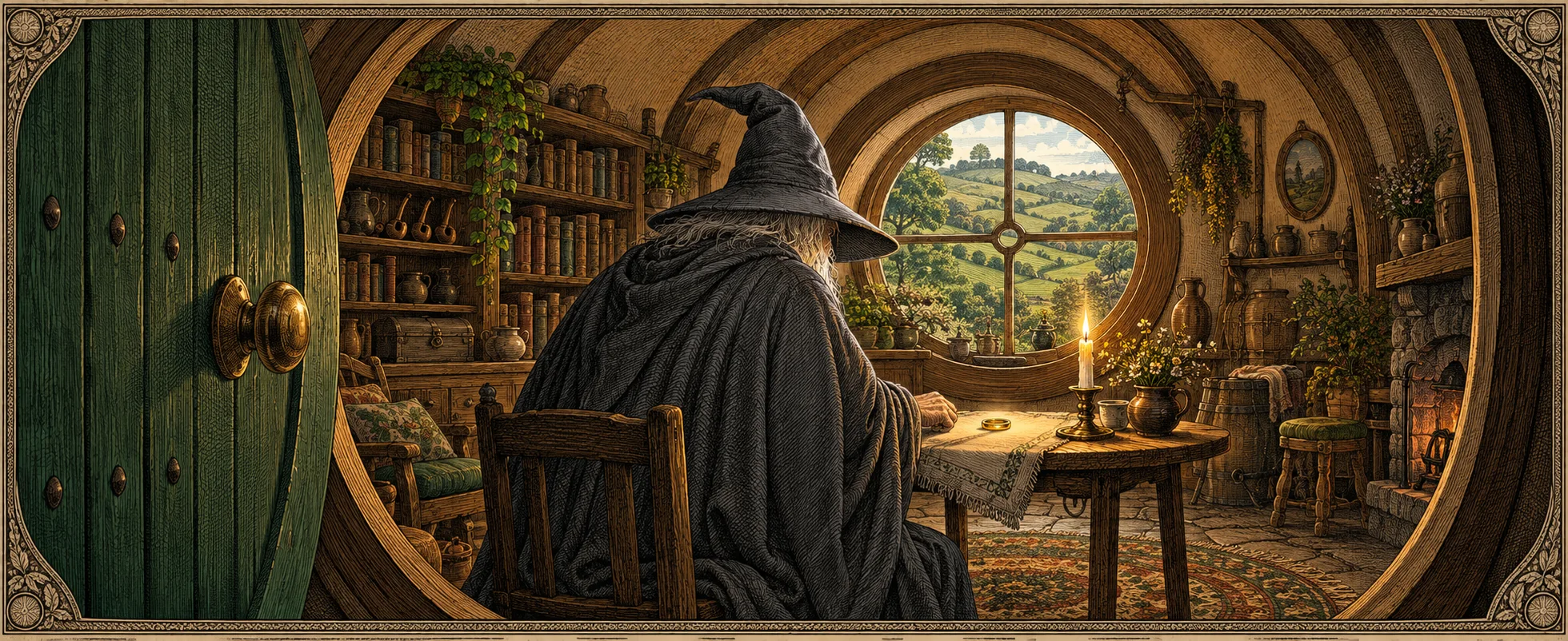 An old wizard in a grey cloak and pointed hat sits in a cosy round hobbit parlour by an open green door.