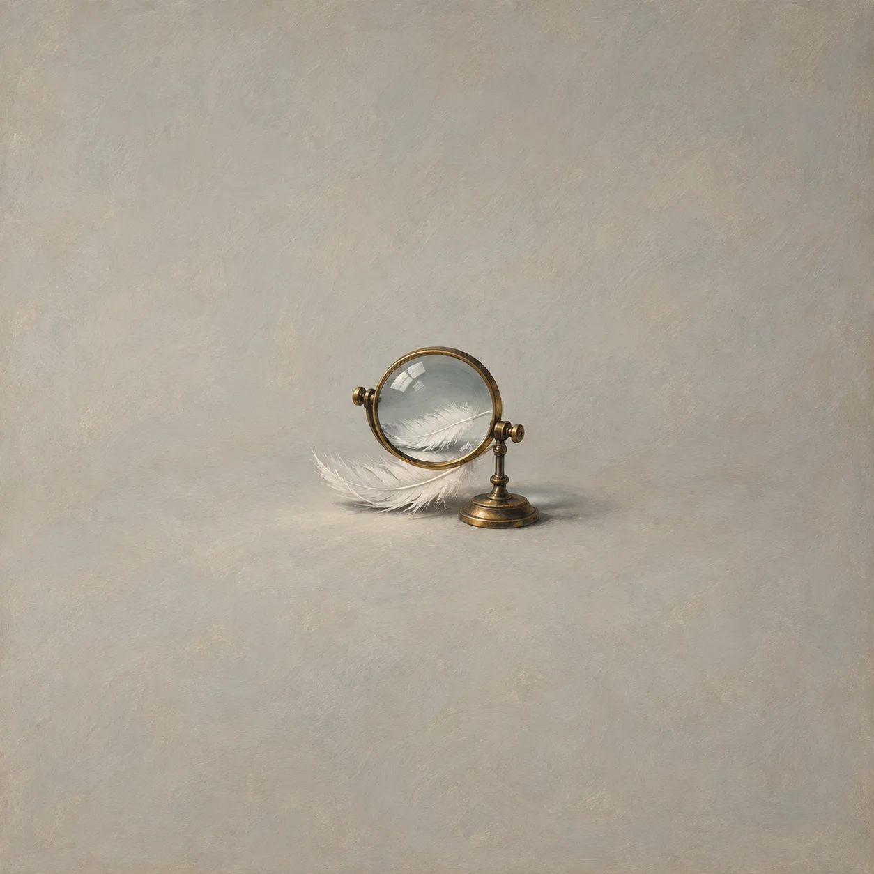 Magnifying glass on a low brass stand above a long white feather