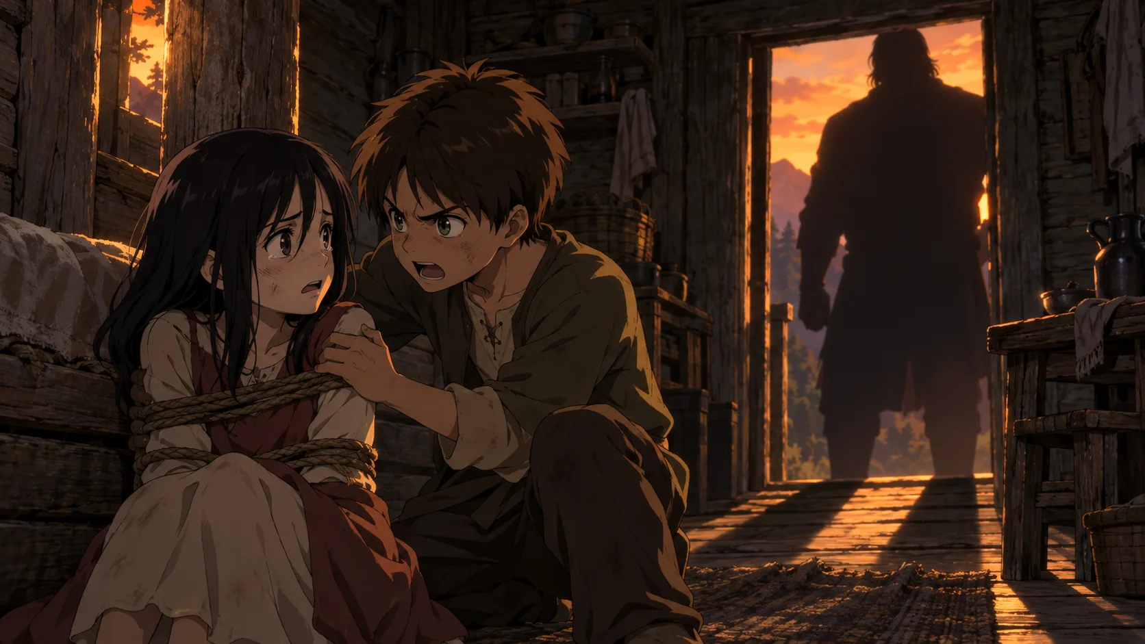 Anime illustration: a furious boy in a rough tunic grips the shoulder of a frightened, tearful girl who is tied with rope in a dim timber cabin, while a huge, dark silhouette fills the doorway against a glowing sunset.