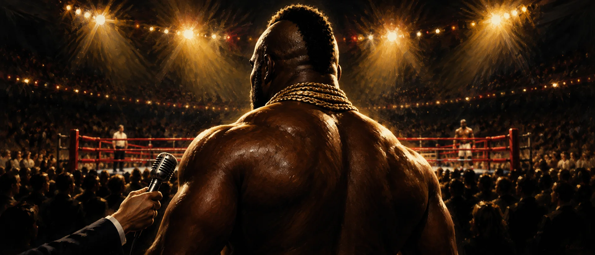 A huge muscled fighter in a gold chain, seen from behind, faces a reporter's microphone at a packed ringside.