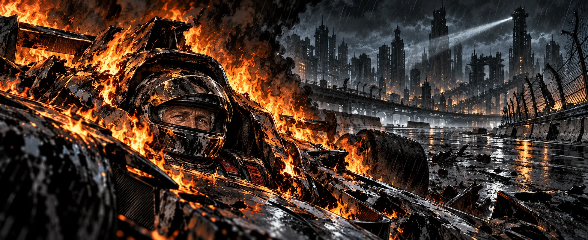 Comic illustration: an older racing driver with weary eyes in a battered helmet sits strapped into a burning, wrecked single-seater on a wet track, with a gloomy gothic city skyline, a searchlight beam and crash barriers behind him.