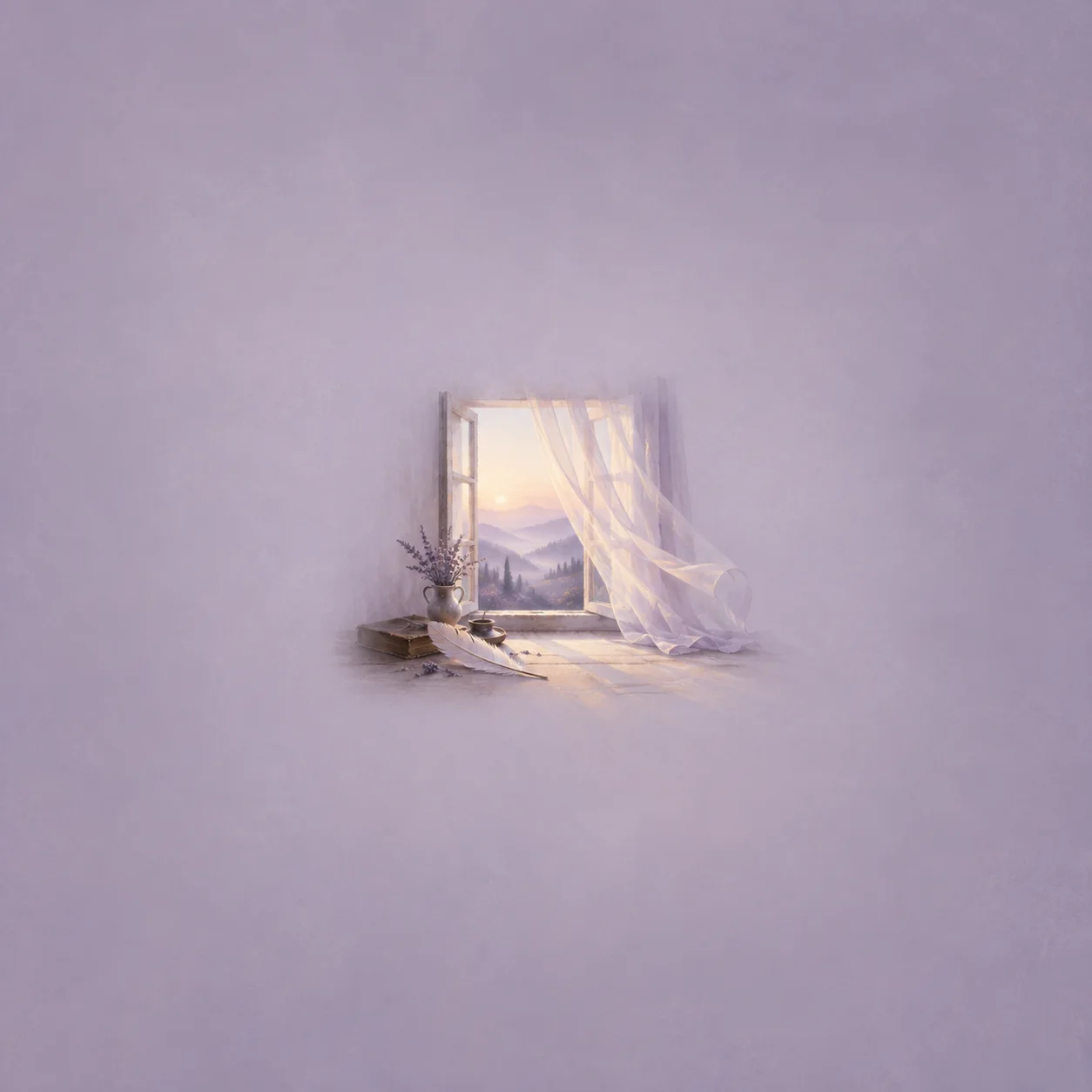 A pale feather lies by a small open window with a billowing sheer curtain against a lavender background.