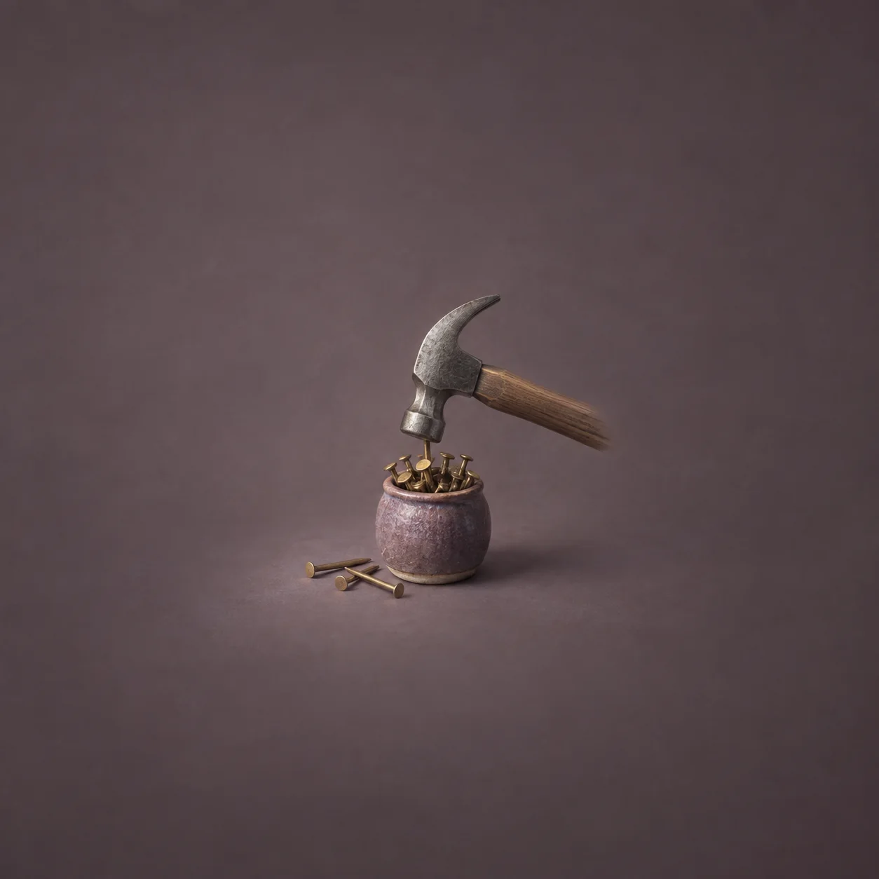 A hammer poised above a ceramic pot filled with brass nails, with loose nails beside it on a plum-gray surface.