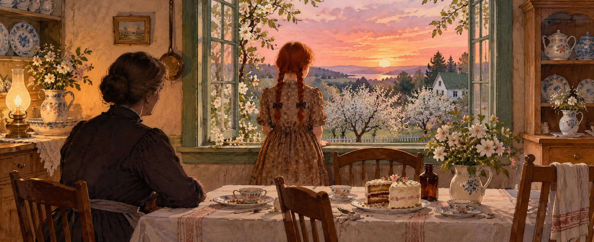 A red-haired girl in a sprigged dress gazes out of a farmhouse kitchen window at blossoming orchards at sunset.