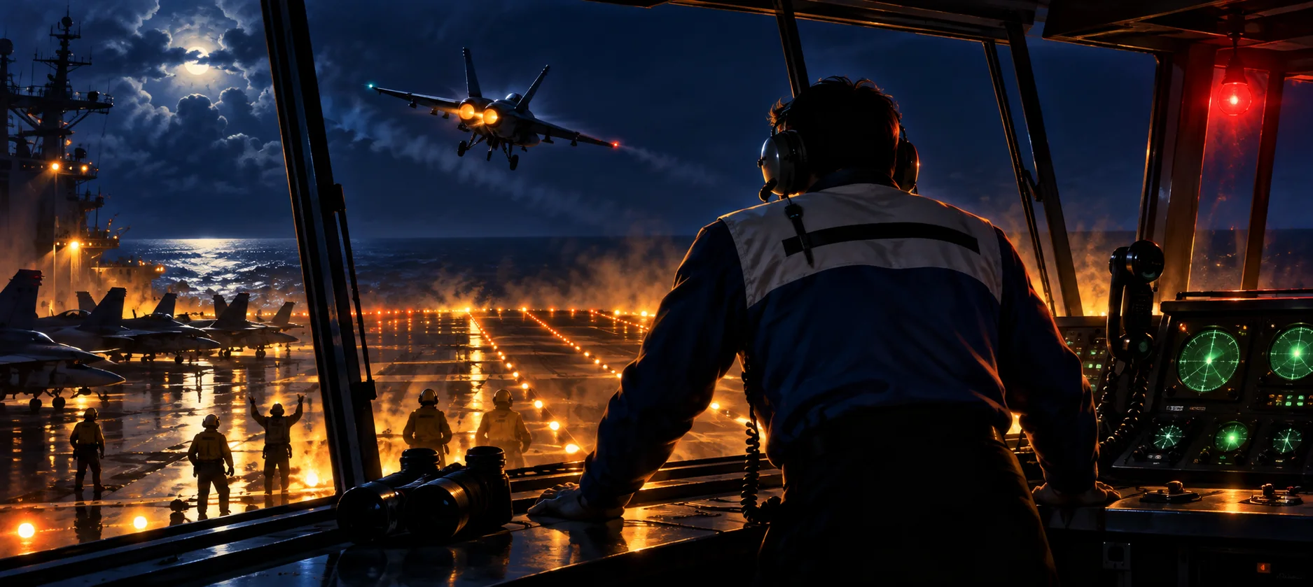 An air-traffic officer in a headset watches from a carrier control tower at night as a fighter jet streaks past the glass.