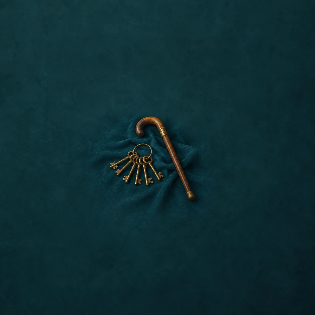 Brass keys fanned out on a ring next to a wooden walking cane on teal cloth.