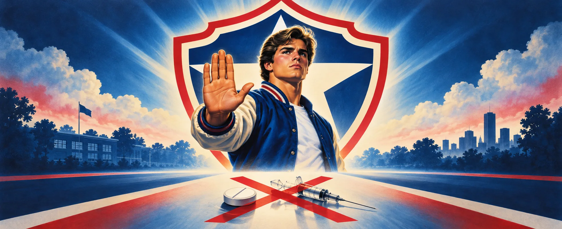 A clean-cut student in a letterman jacket holds up his hand in refusal before a patriotic star shield.