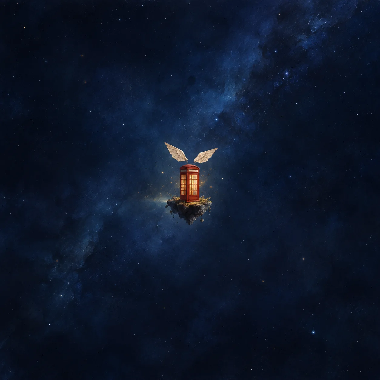 Painterly red phone booth with pale wings floating against a starry blue sky.
