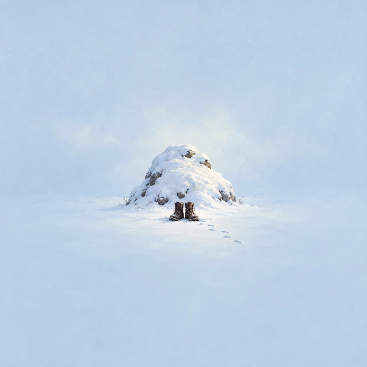 Painterly worn boots and a trail of footprints beside a snow-covered mound against pale blue.