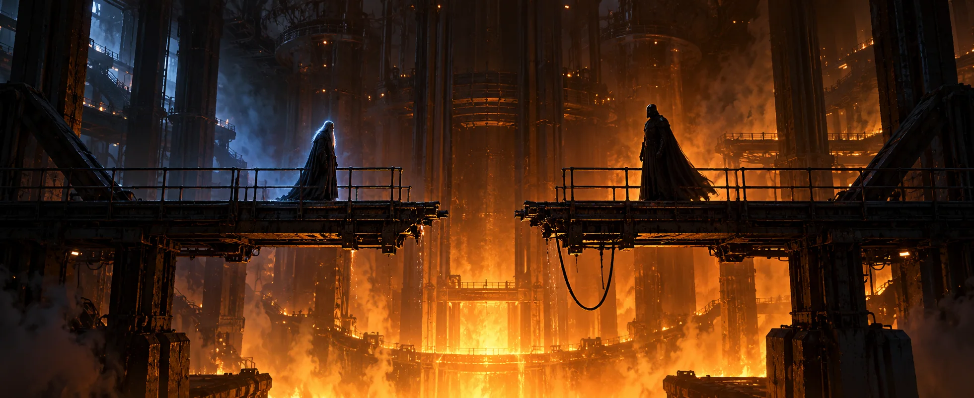 Two dark cloaked figures face each other across a glowing industrial gulf on a vast space station.