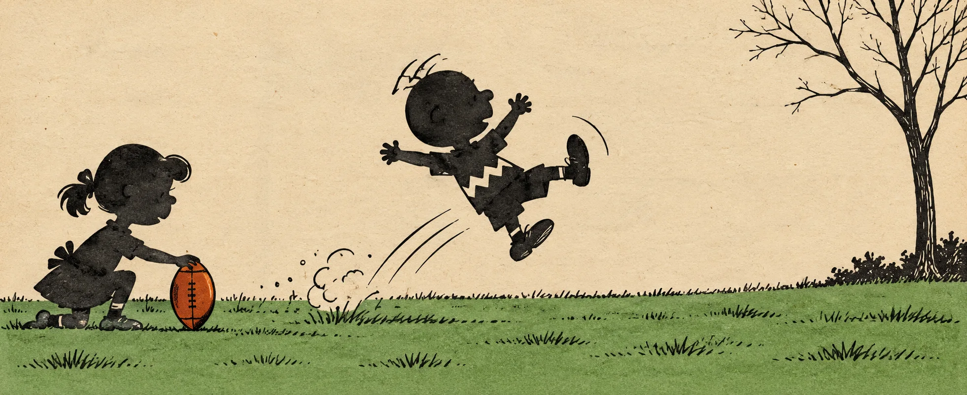 A boy flies through the air after missing the football a girl has just pulled away, drawn in silhouette.