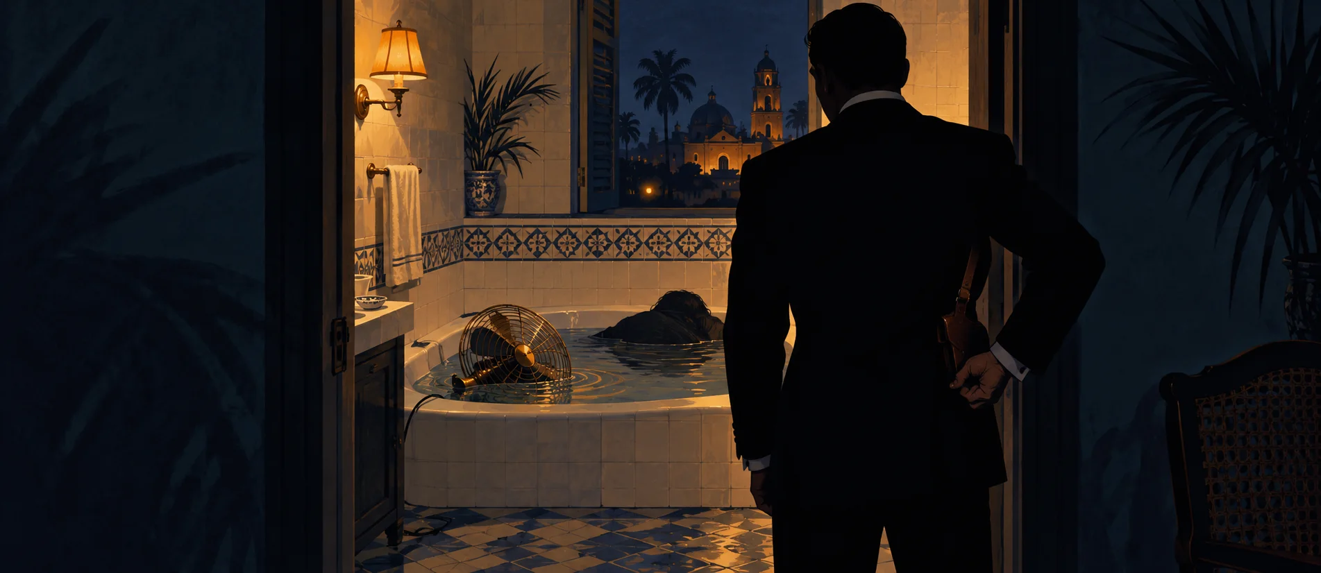 In silhouette at a lit hotel bathroom door in Mexico, James Bond adjusts his holster beside a bath where an electric fan has fallen into the water.