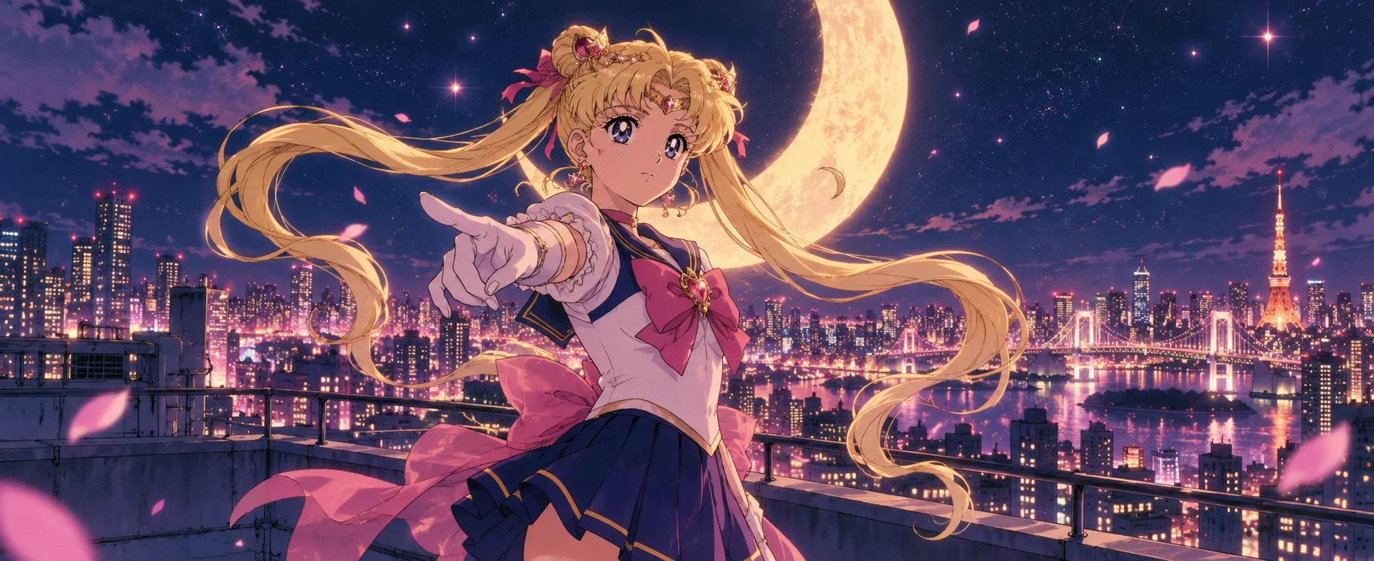 A schoolgirl heroine with long blonde twin-tails points out over Tokyo at night beneath a huge crescent moon.