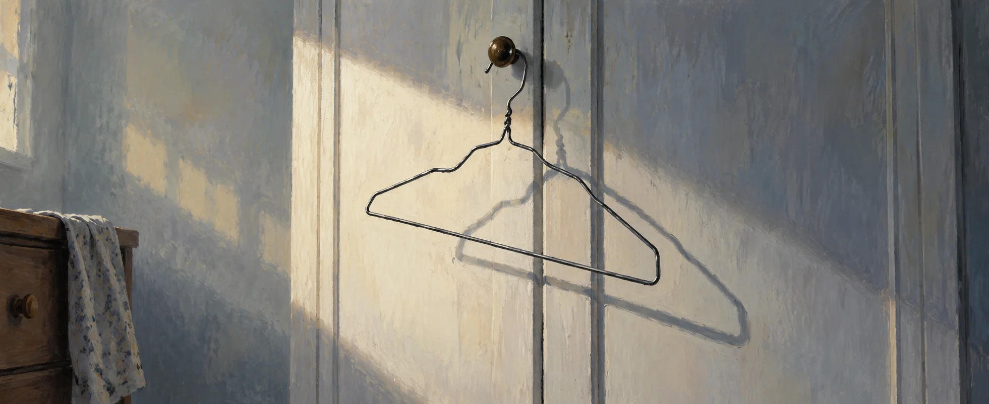 A single bent wire hanger casts an angular shadow across a pale wardrobe door.