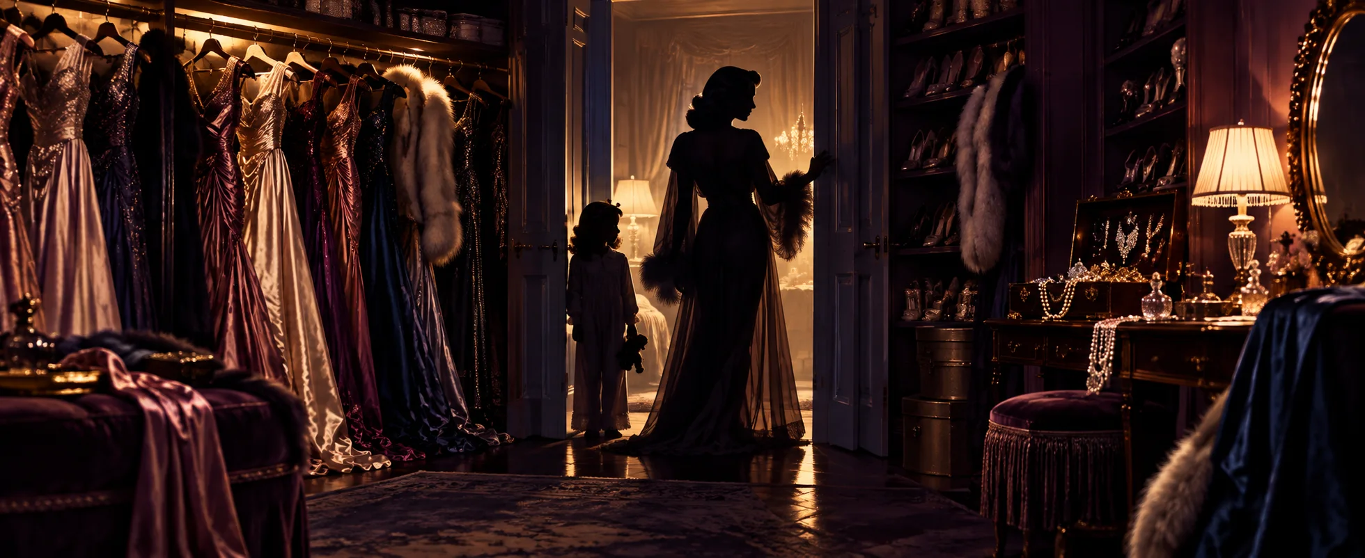 A glamorous woman in a dressing gown stands in the doorway of a closet full of gowns at night while a small girl in pyjamas waits in the shadows.