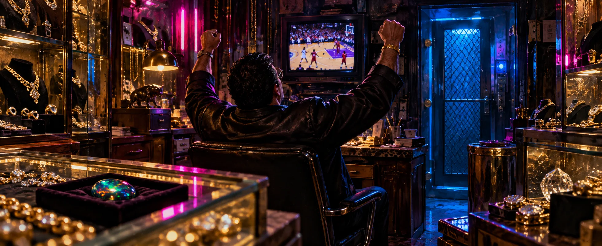 A man in a leather jacket throws both arms up before a basketball game on TV in a glittering jewellery showroom, a black opal on velvet.