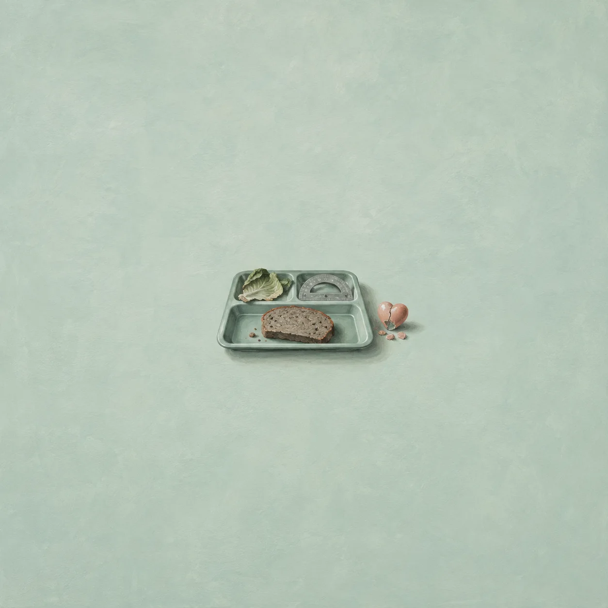 A divided cafeteria tray holds a grey meatloaf slice, lettuce and a protractor beside a broken ceramic heart.