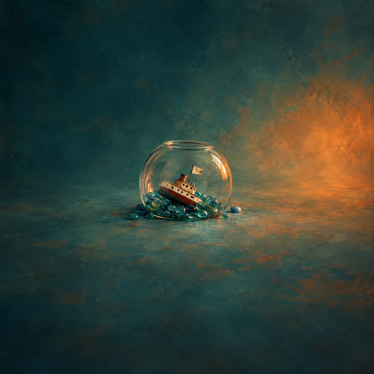 A small toy ship tilts among blue-green glass pebbles inside an open round fishbowl.