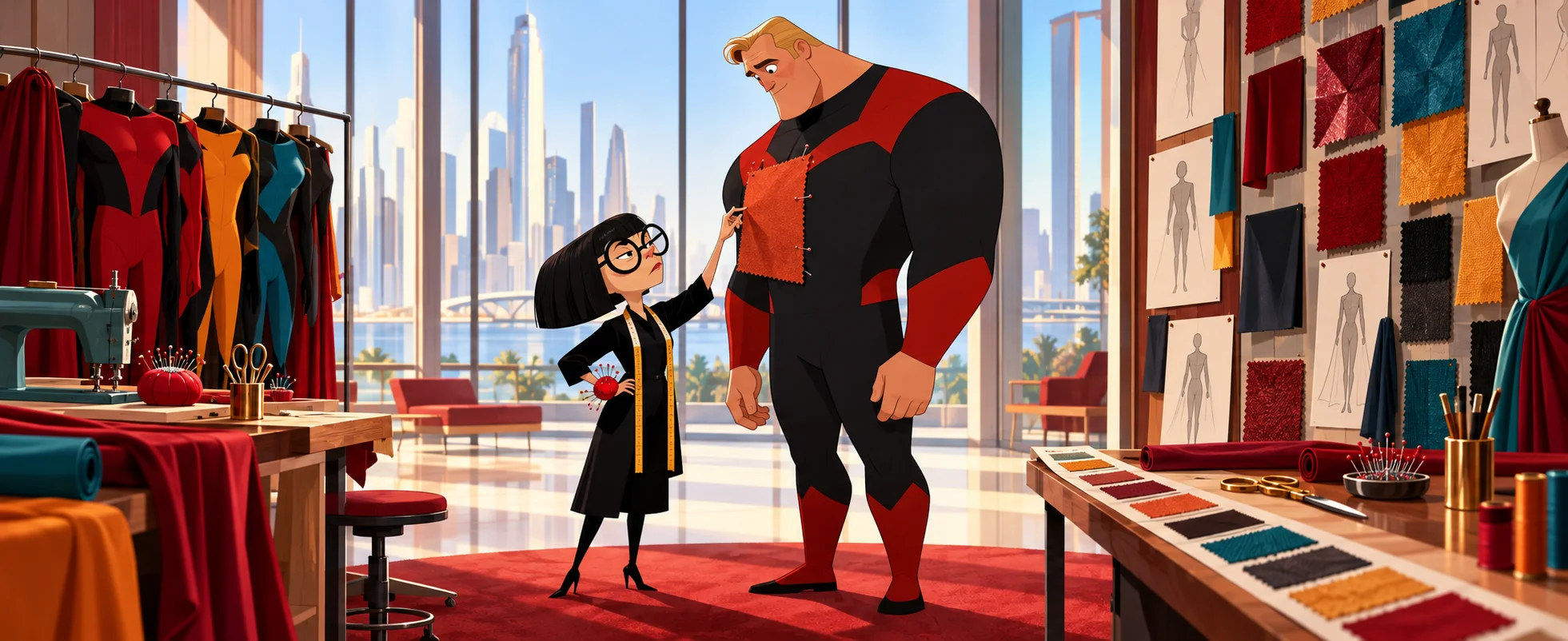 A tiny designer with a black bob and round glasses adjusts the shoulder of a huge man in a red-and-black supersuit in a sleek modern studio.