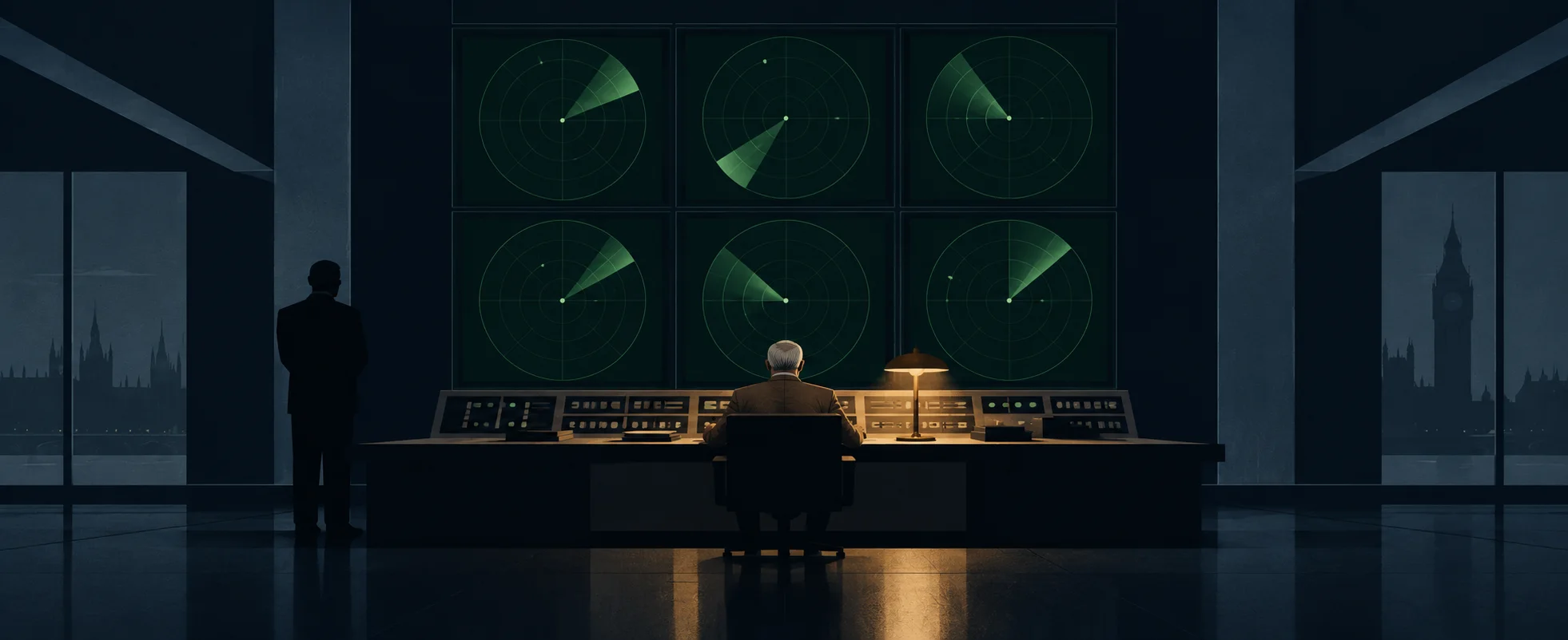 In a dim MI6 control room, Q sits at a console beneath a wall of green radar screens while M stands at the back of the room.