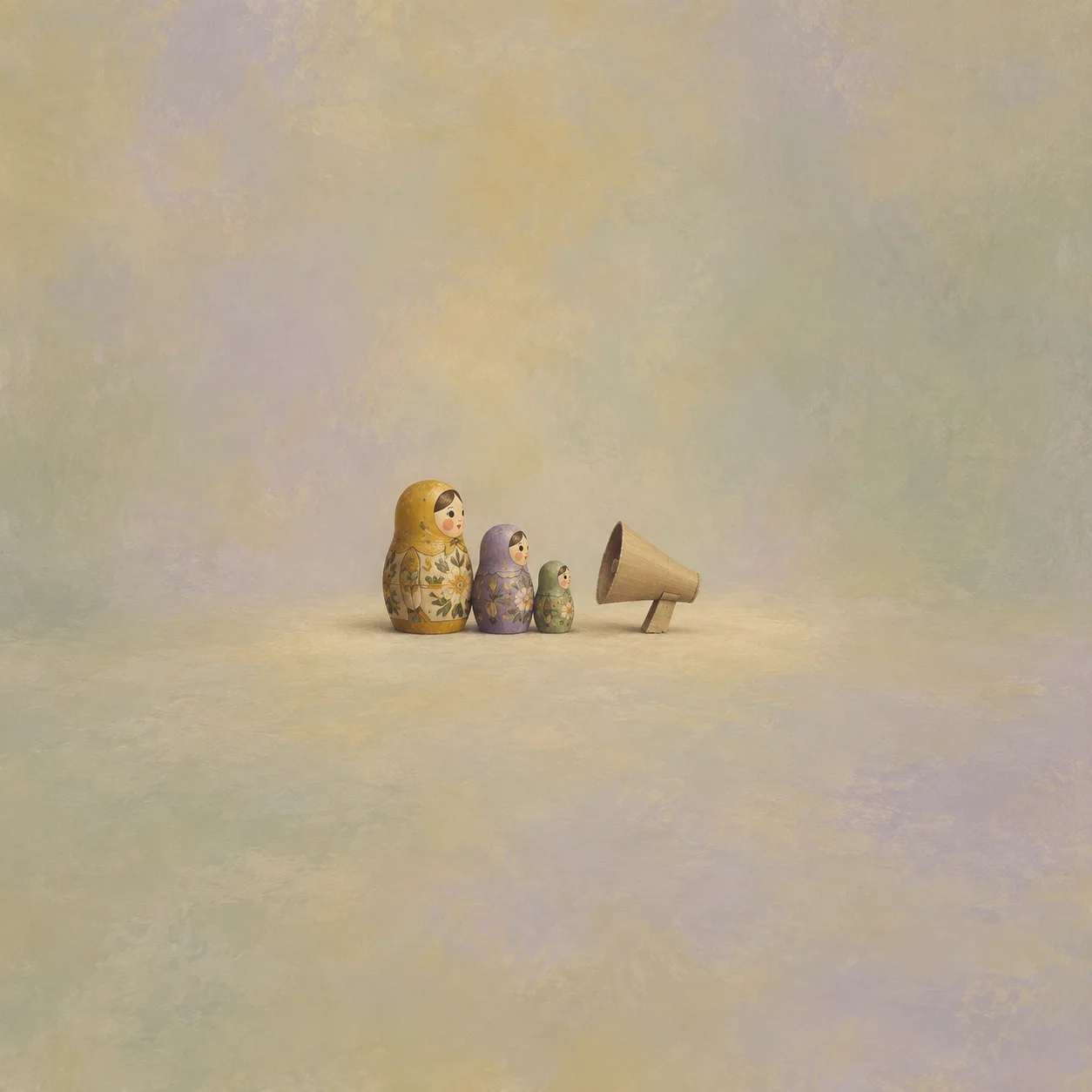 Three floral nesting dolls of decreasing size face a cardboard megaphone against a pale background.