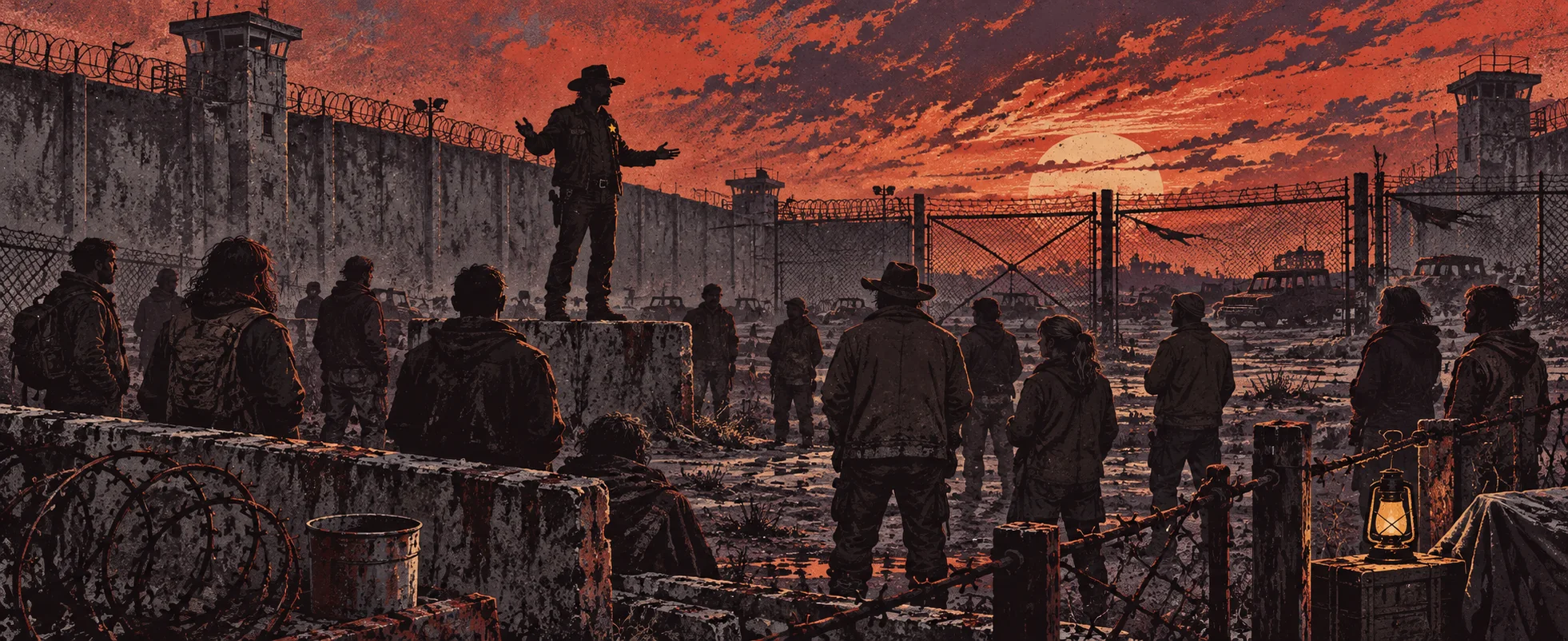 A weary man in a sheriff's hat stands on a concrete block in a razor-wired prison yard at dusk, addressing a crowd of survivors.