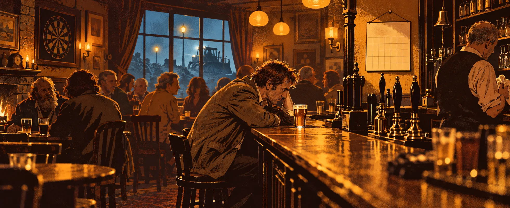 A weary man slumps over a pint at the bar of a crowded English pub on a Thursday evening.