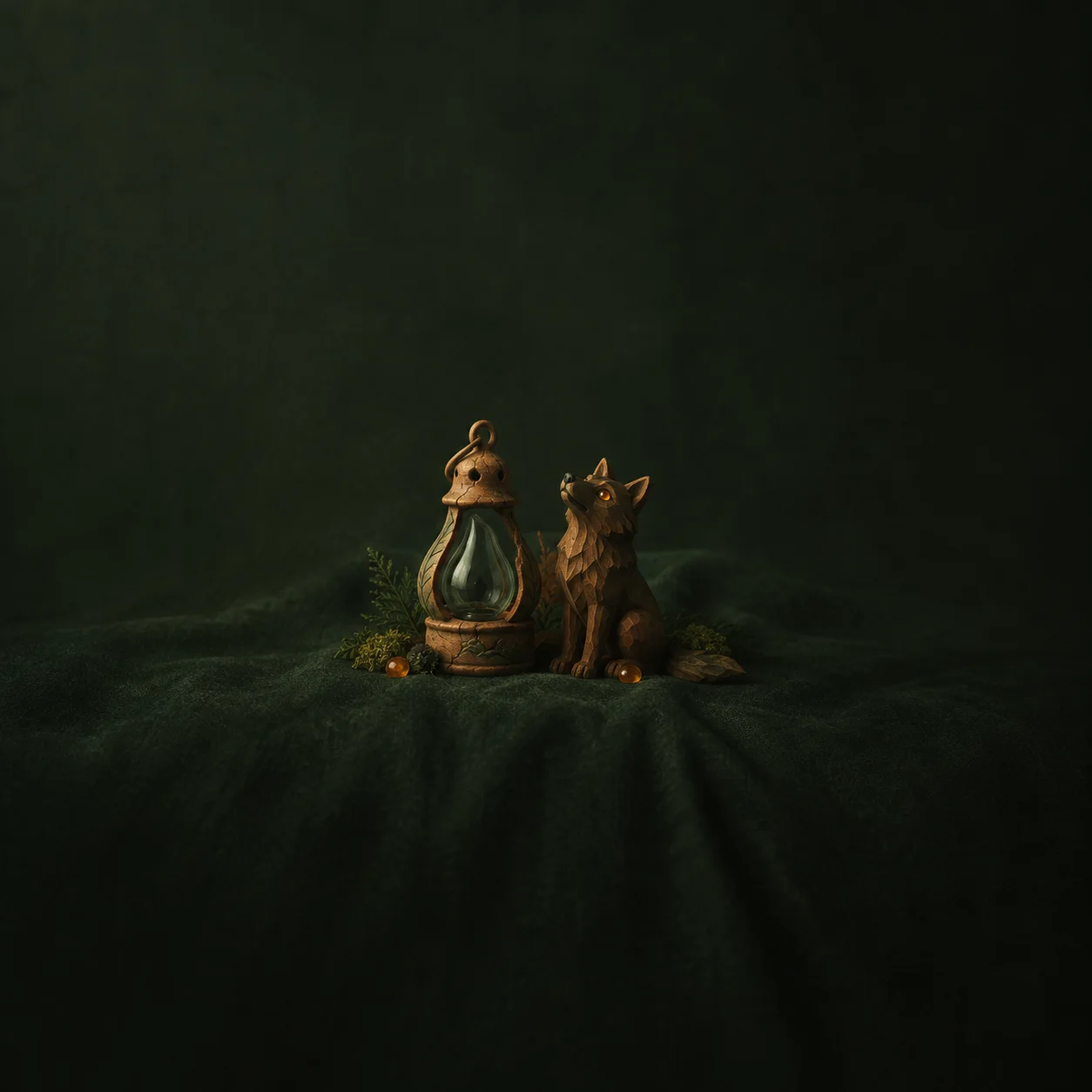 An old brass lantern beside a small carved wooden wolf on dark green cloth.