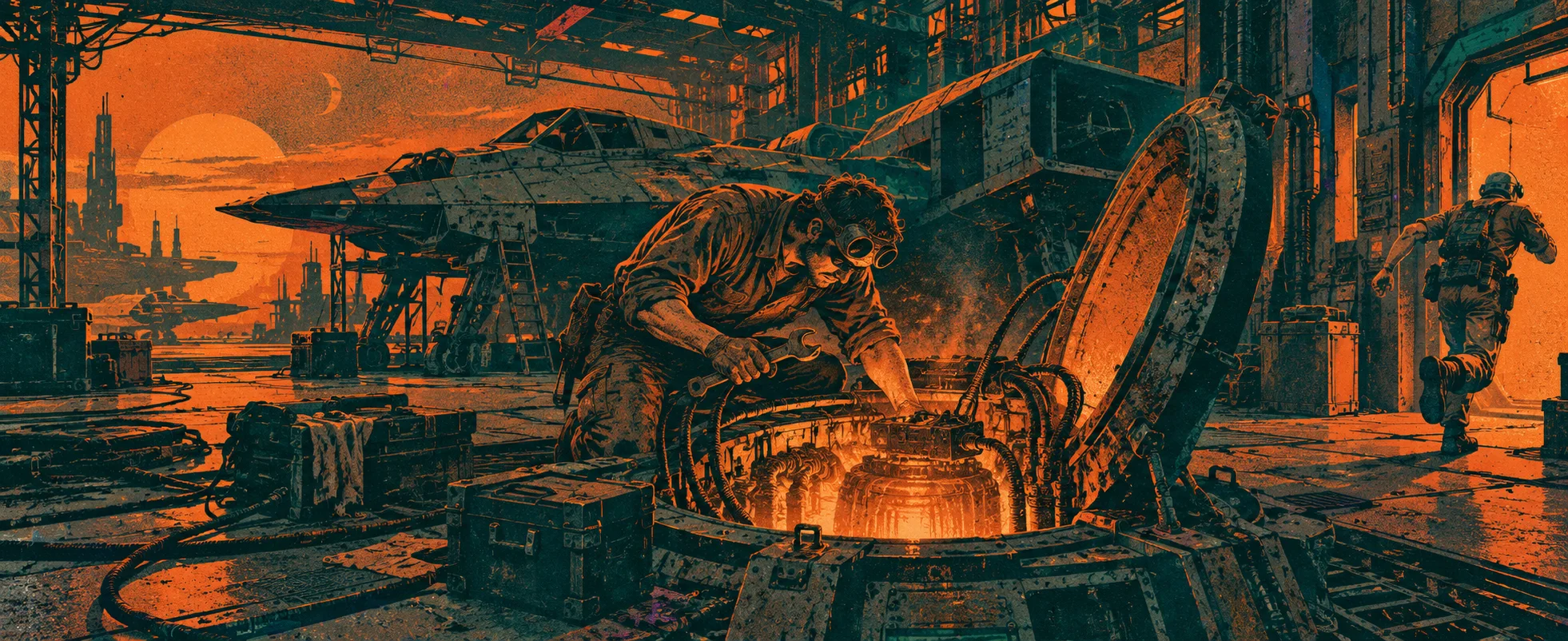 A mechanic crouches over a glowing hatch in an orange-lit starship hangar as the crew scrambles.