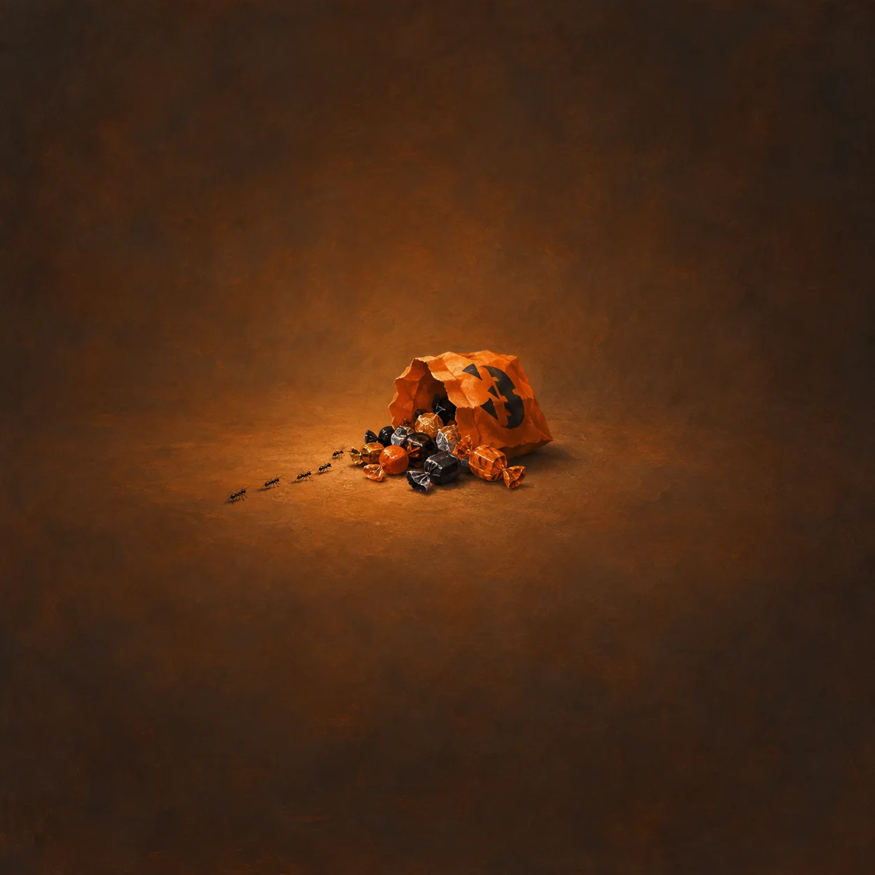 A trail of small ants leads to an orange bag spilling wrapped sweets onto dark brown ground.