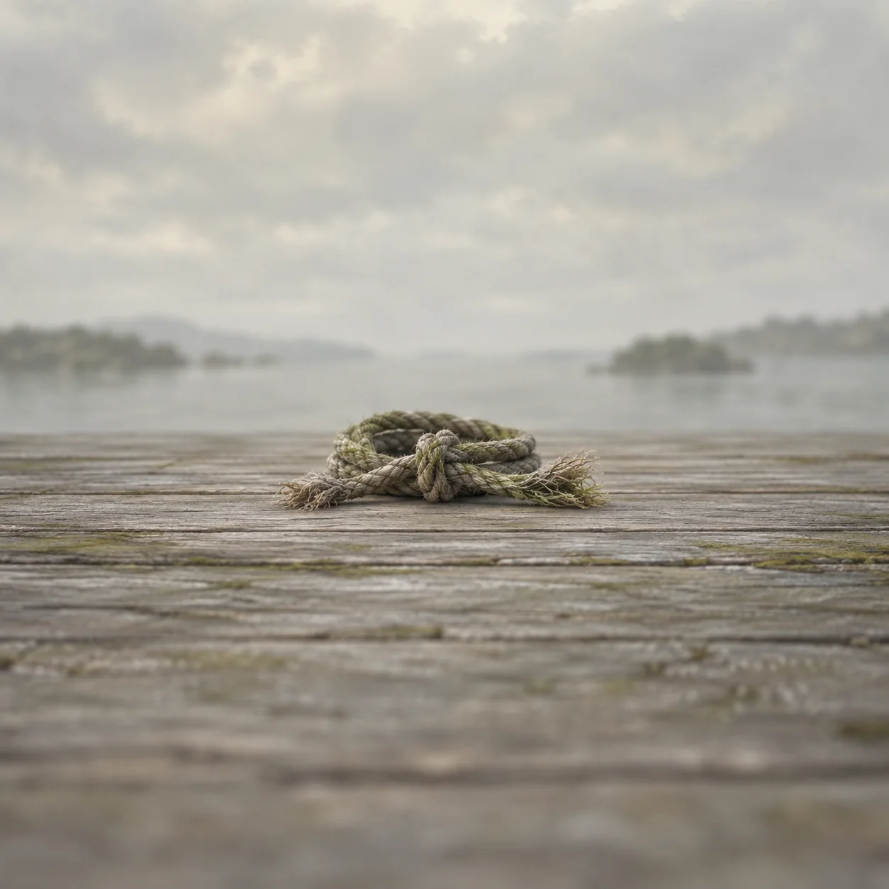 A coil of knotted, frayed rope rests on weathered dock planks beside calm grey water.