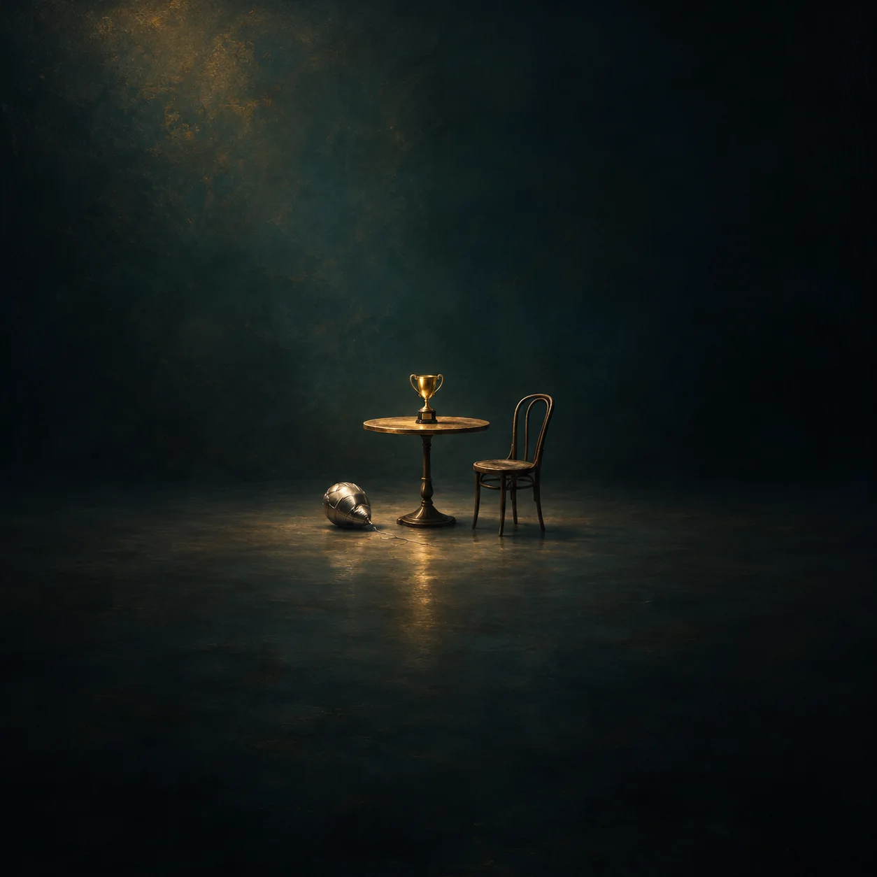 A small gold trophy on a bare round table beside an empty chair and a deflated silver balloon, in dark teal tones.