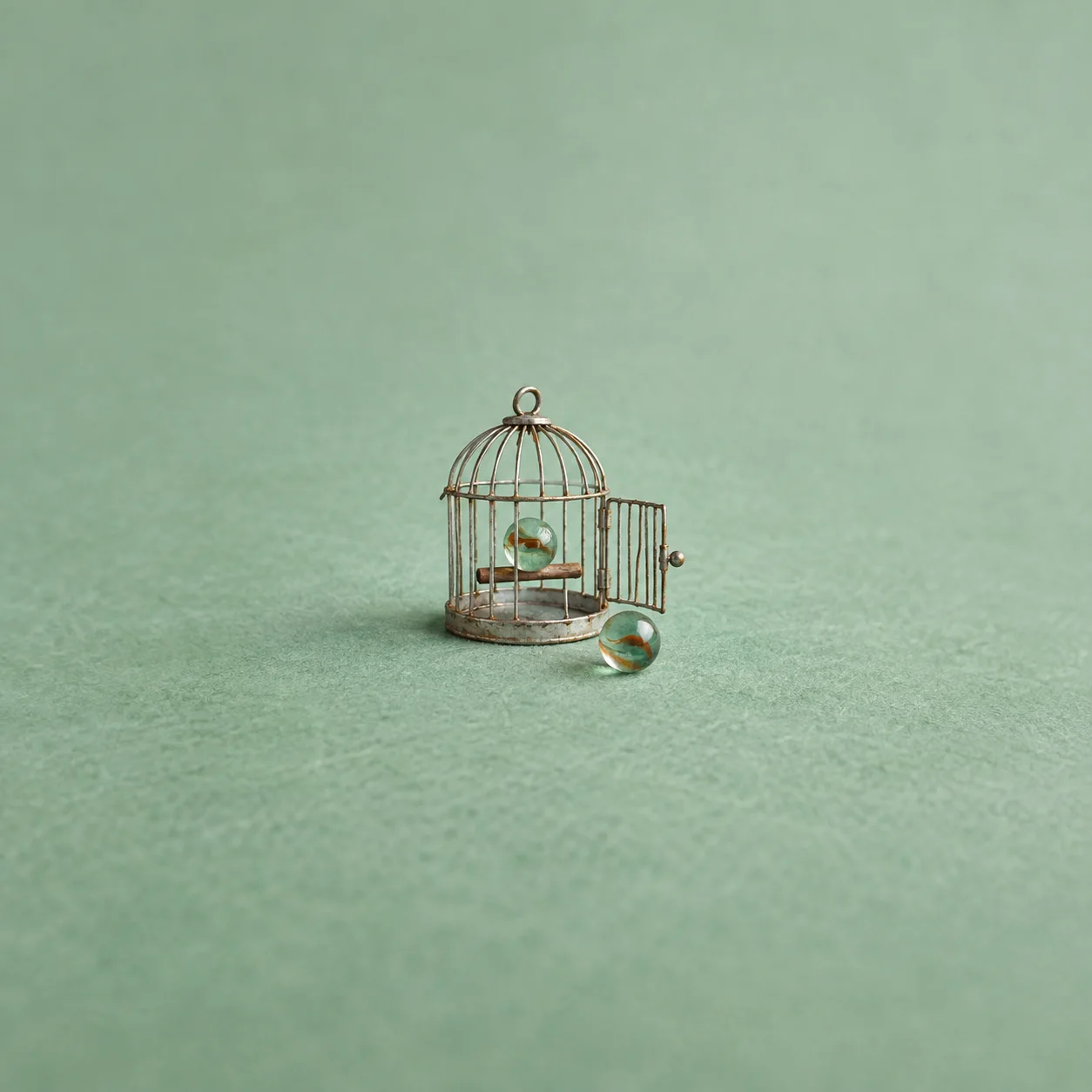 An open wire birdcage contains a glass marble, with another marble outside on green felt.