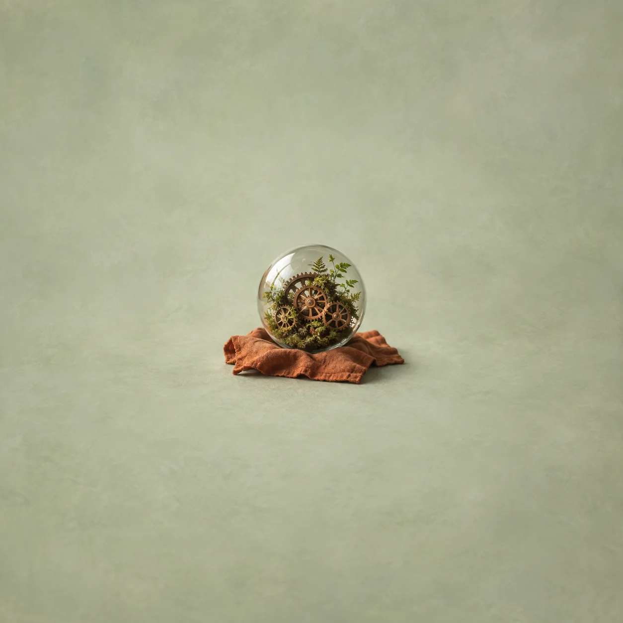 A glass sphere holds copper gears intertwined with moss and small ferns on rust-coloured cloth.