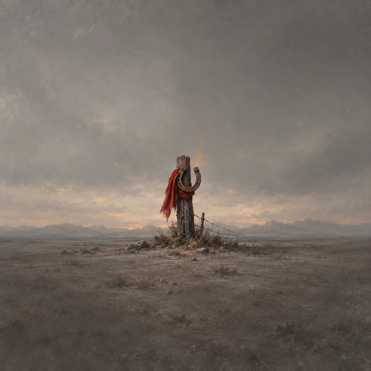 A red sash hangs from a rusty horseshoe on a weathered fence post in a barren landscape beneath grey skies.