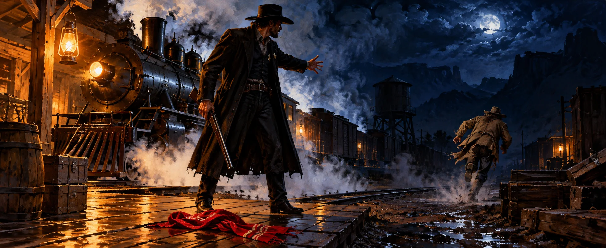 A lawman in a long black coat with a shotgun shouts after a man fleeing a steaming locomotive at a night railroad yard, a red sash on the ground.