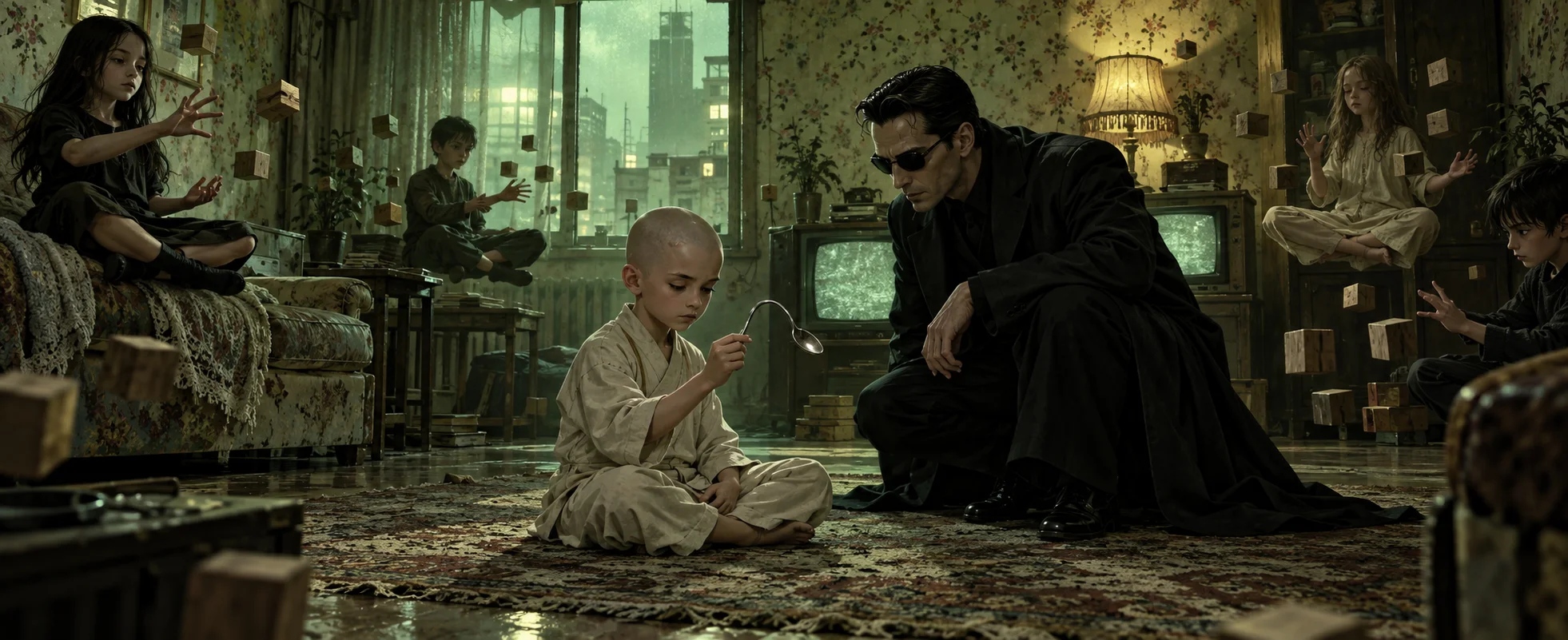 A bald boy in a pale robe bends a spoon while a man in a black coat and sunglasses crouches to watch, other children floating blocks around them.
