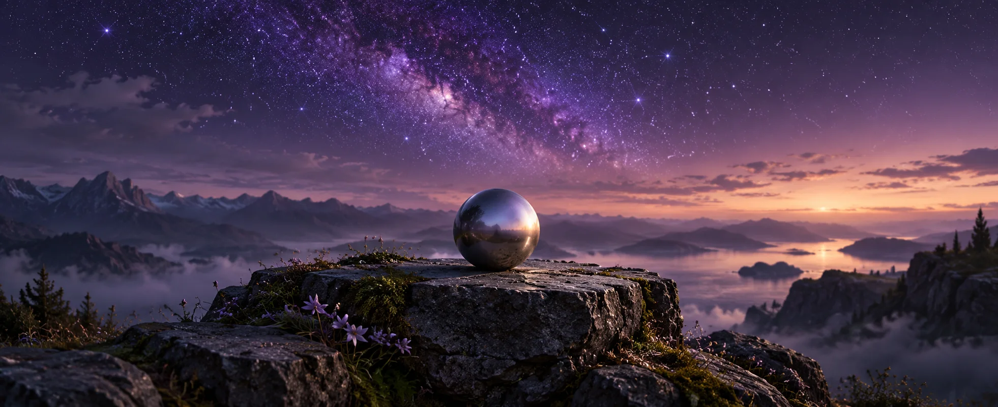 A small silver sphere rests beneath a star-filled violet sky on a dark stone ledge.