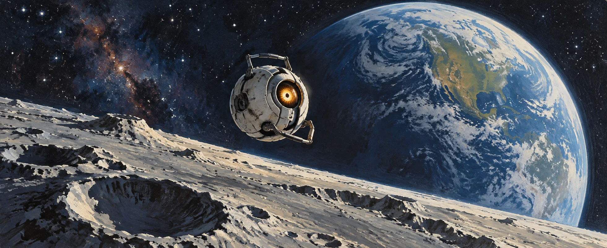 A small spherical robot with one glowing orange eye drifts in space above the Moon, the Earth vast beyond it.